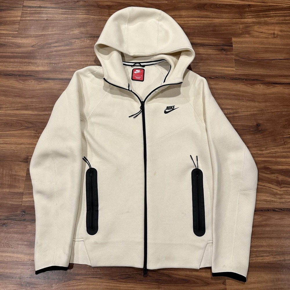 Nike Hoodie Mens Small Cream Tech Fleece Windrunner Full Zip Swoosh Sweatshirt